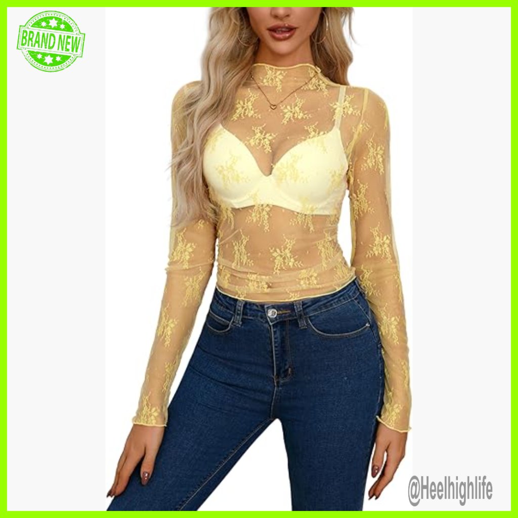 Sheer Mesh Long Sleeve Crop Top Mock Neck Floral Lace Y2k Layering Blouse